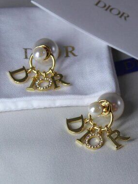 Christian Dior Tribales Crystal Drop Charms and Pearls Gold Tone Stud Earrings